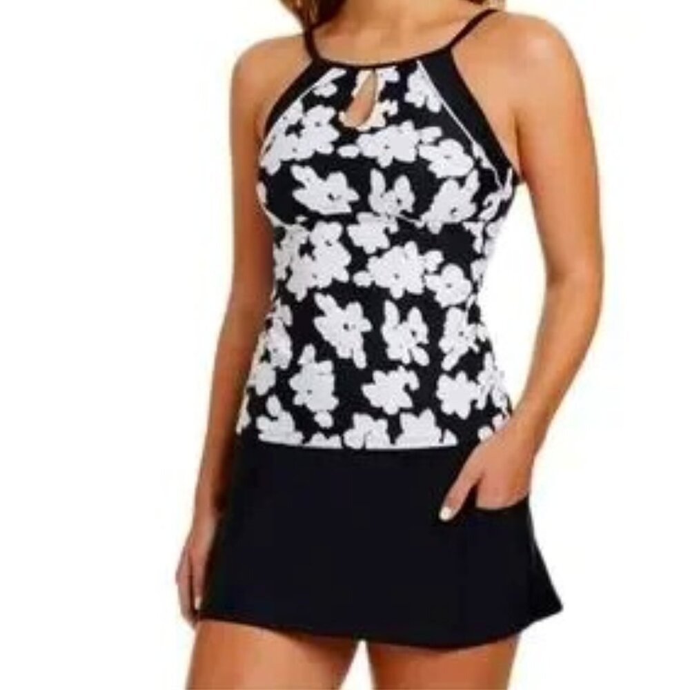 Ellen Tracy Floral Halter Neck Swim Dress with pockets modest Y2K Swimsuit Tanki